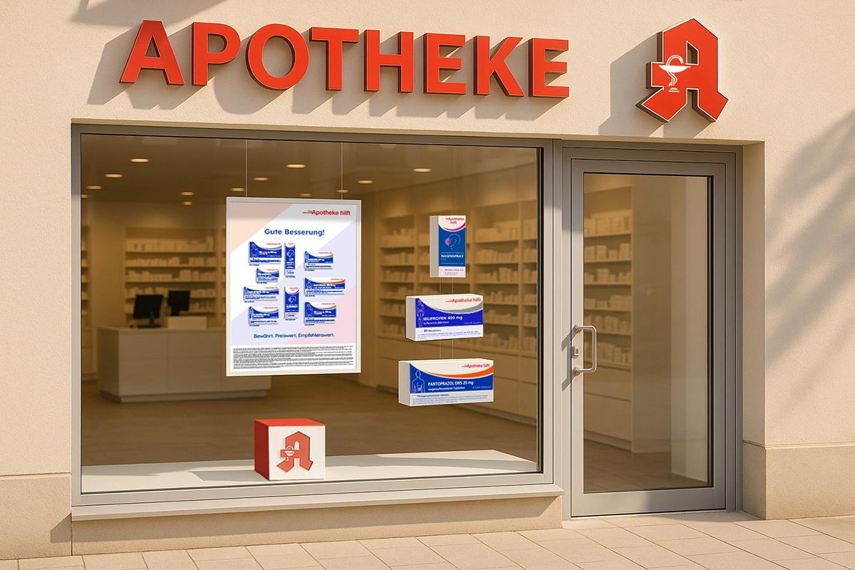 Schaufenster einer Apotheke zeigt exemplarisch Materialien aus dem DAH-Dekopaket