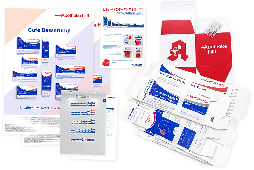 Abbildung der im Dekopaket enthaltenen Materialien: Plakate, Großpackungen, Dekowürfel, Aufbauanleitung, Planogramm